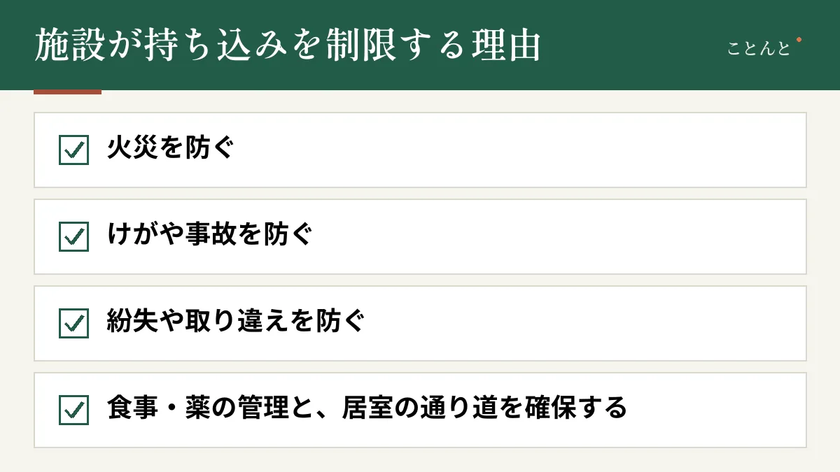 施設が持ち込みを制限する理由。火災を防ぐ、けがや事故を防ぐ、紛失や取り違えを防ぐ、食事・薬の管理と、居室の通り道を確保する